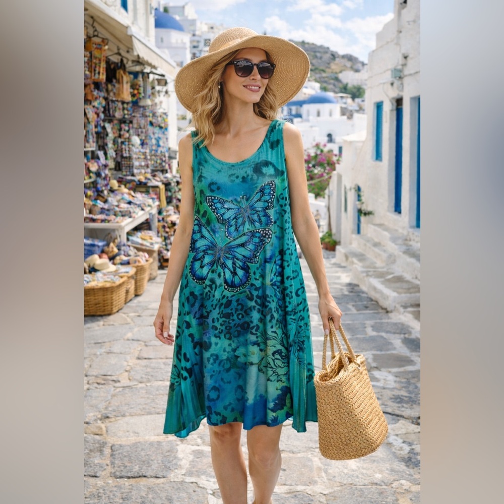 Pretty Teal Butterfly Midi Dress